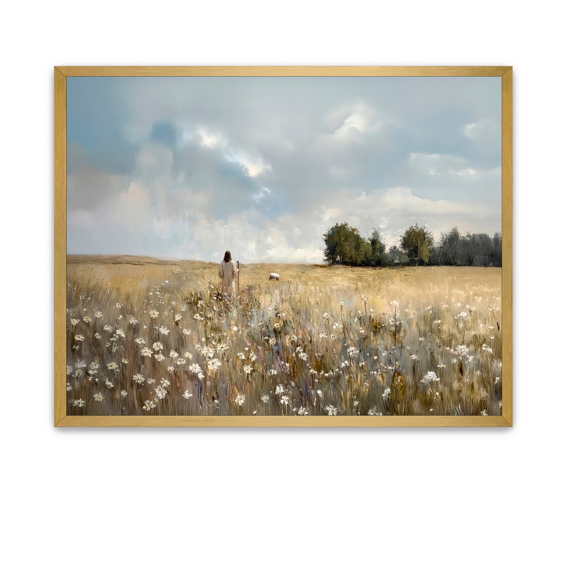 The Good Shepherd walking through blooming wildflowers with sheep