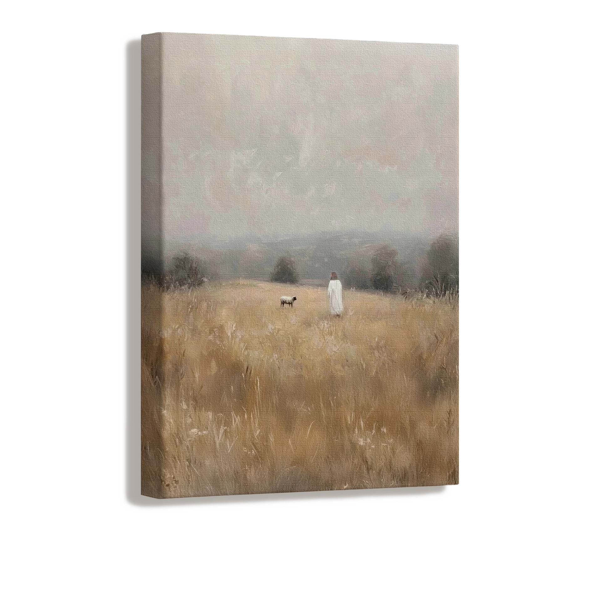 Christ in a peaceful, earthy-toned field with lost sheep