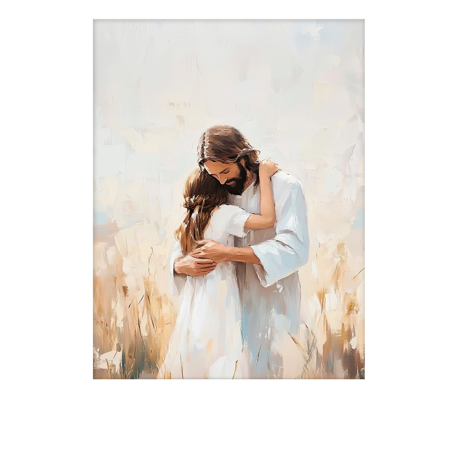 Christ embracing a brown-haired child with kindness and care