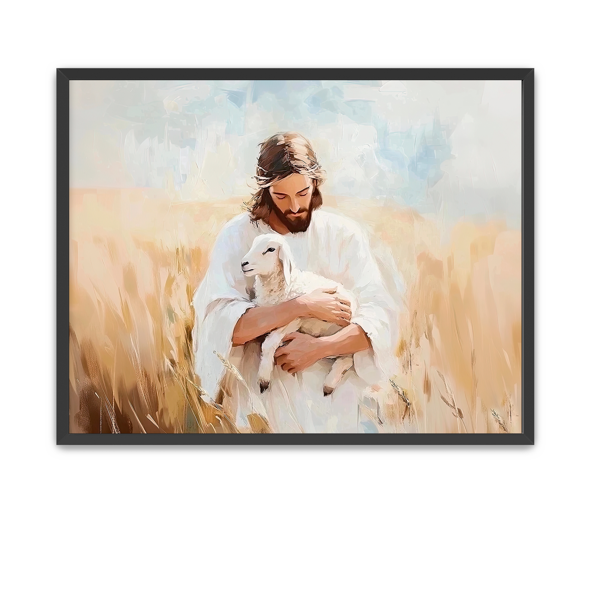 Peaceful painting of Jesus carrying a lamb to safety