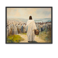 Disciples gathering overflowing baskets after Jesus feeds the multitudes