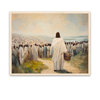 Jesus surrounded by followers as He distributes food in divine abundance