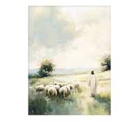 The Good Shepherd standing in green grass with sheep nearby