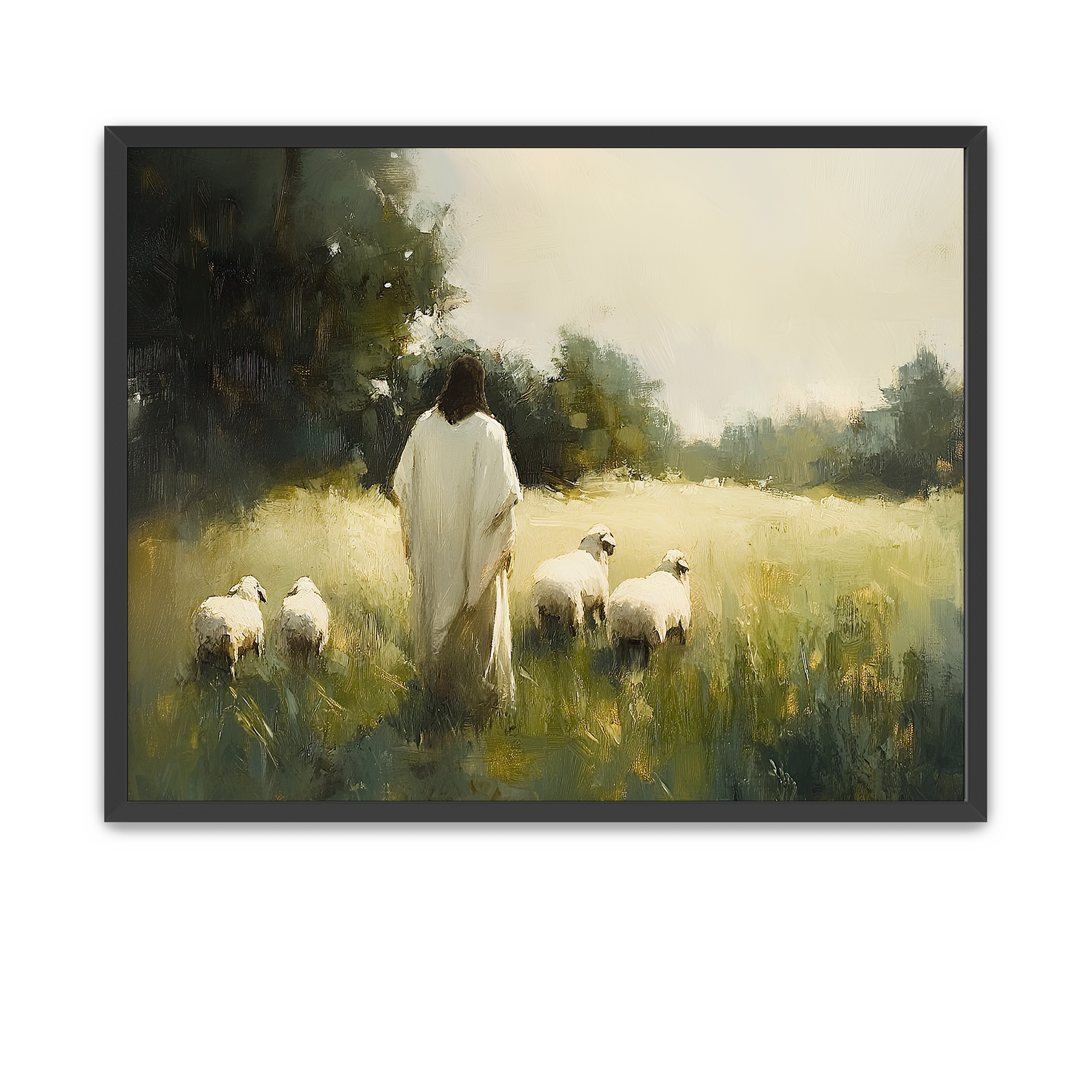 The Good Shepherd watching over His sheep in a field