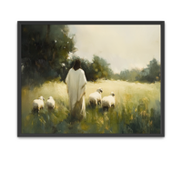 The Good Shepherd watching over His sheep in a field