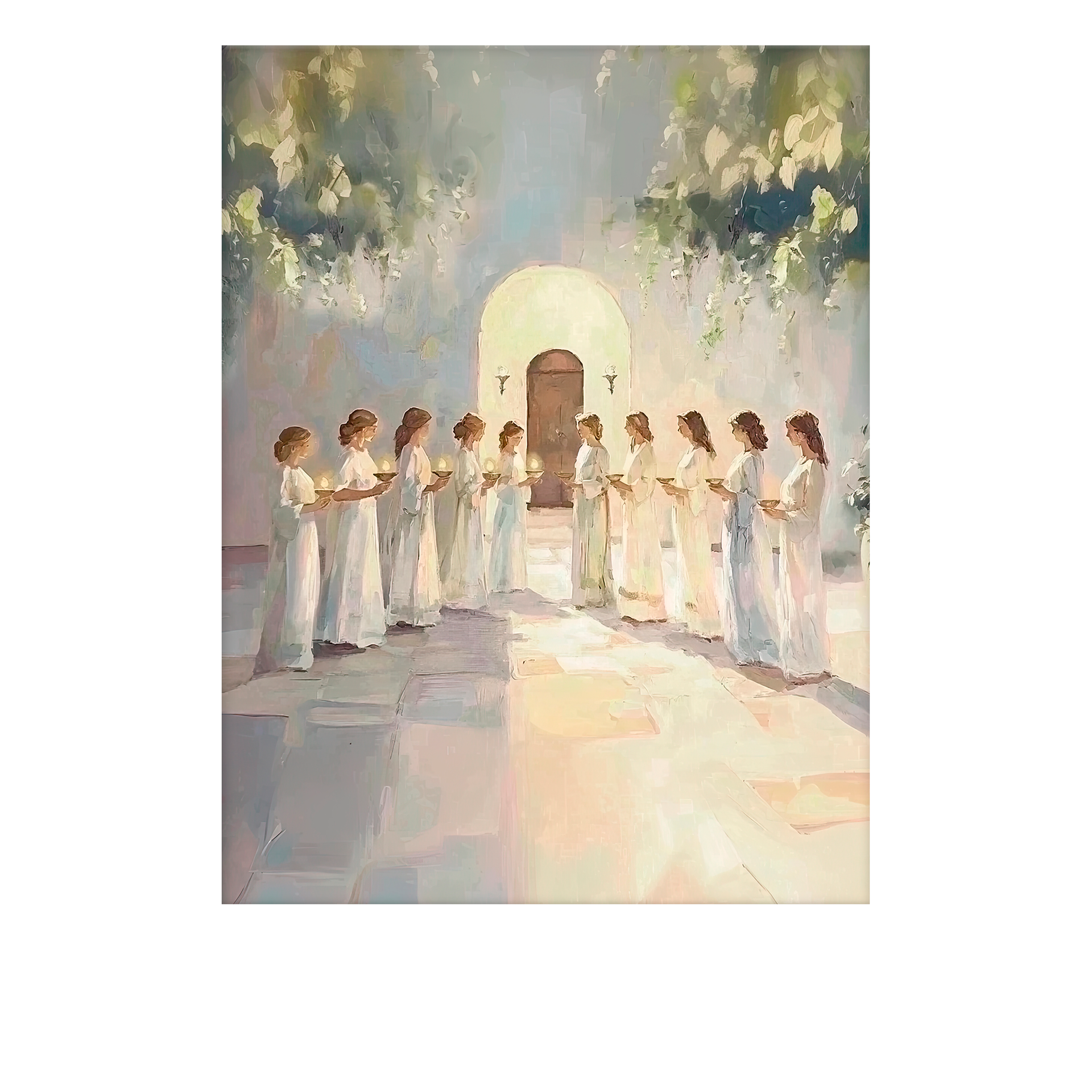 Ten women holding lamps, symbolizing readiness and faith