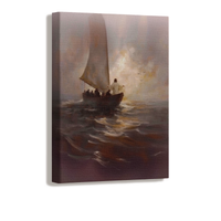 Jesus speaks peace to the stormy waters as the disciples witness the miracle