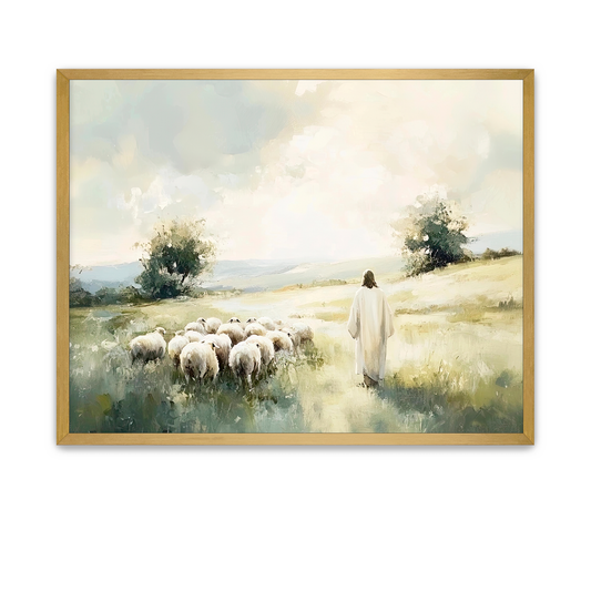 Jesus Christ surrounded by sheep in a peaceful green meadow