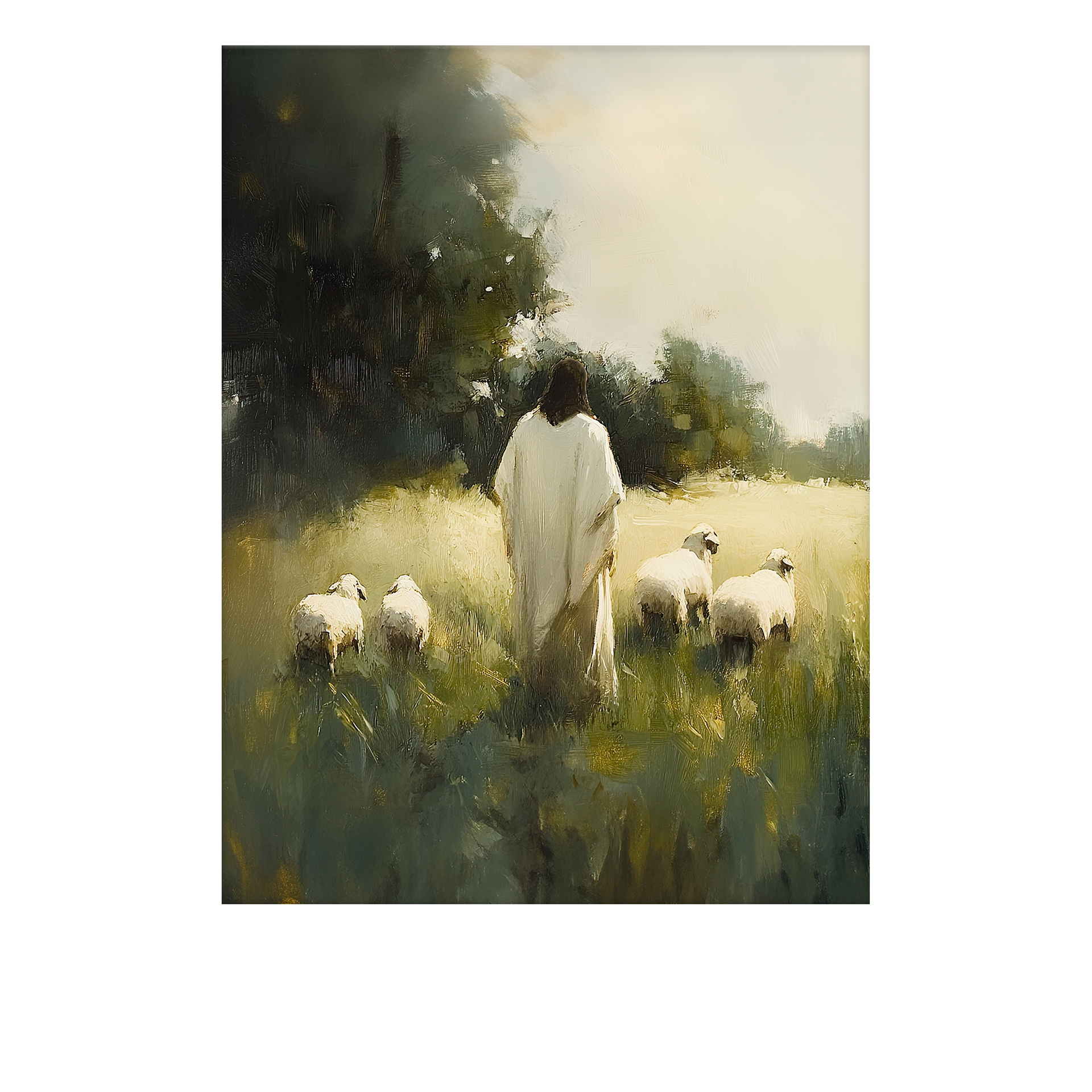 Jesus leading sheep along a quiet field