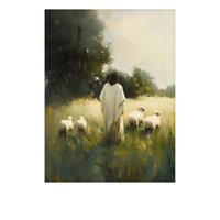 Jesus leading sheep along a quiet field
