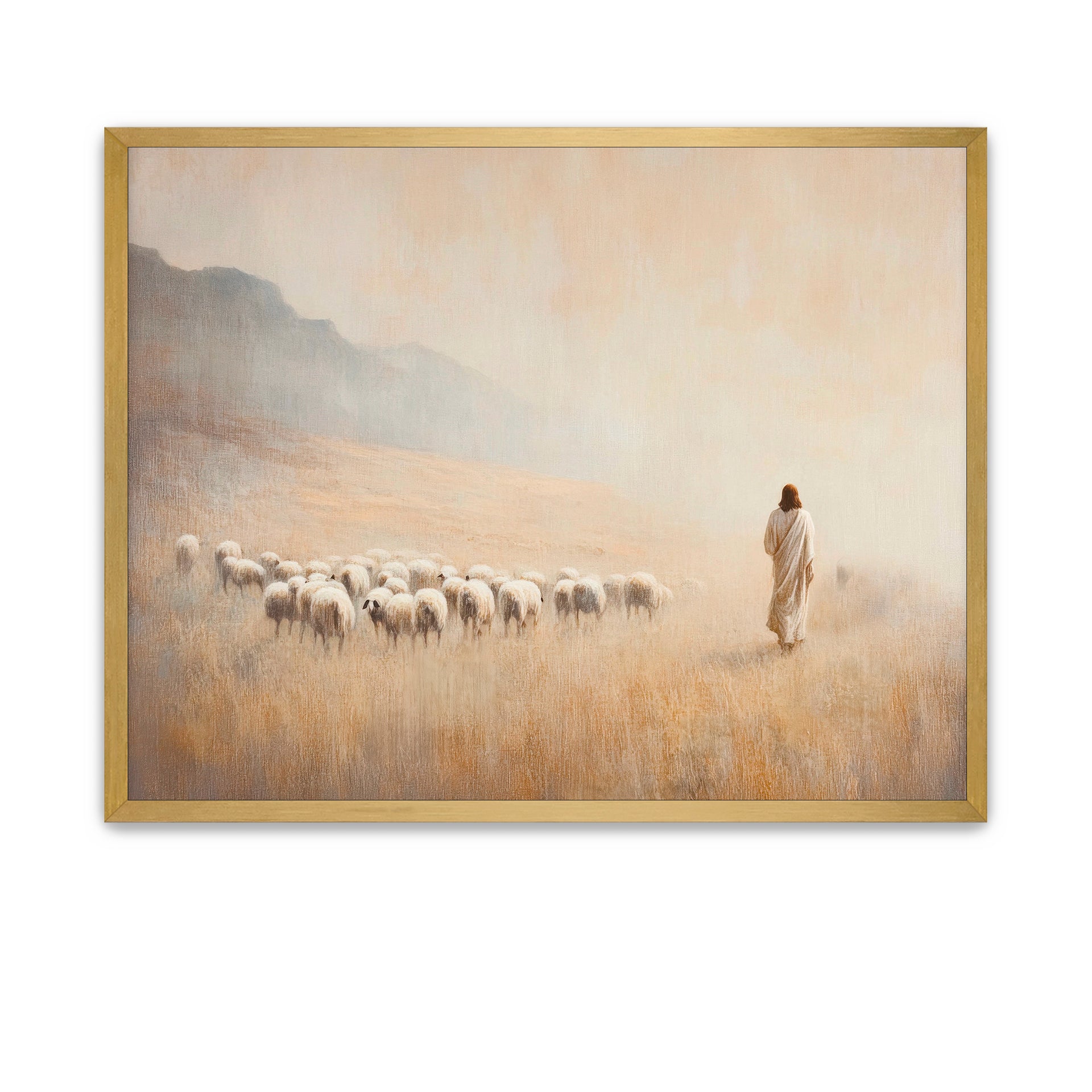 Jesus Christ as the Good Shepherd in a soft earth-toned palette