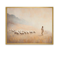 Jesus Christ as the Good Shepherd in a soft earth-toned palette