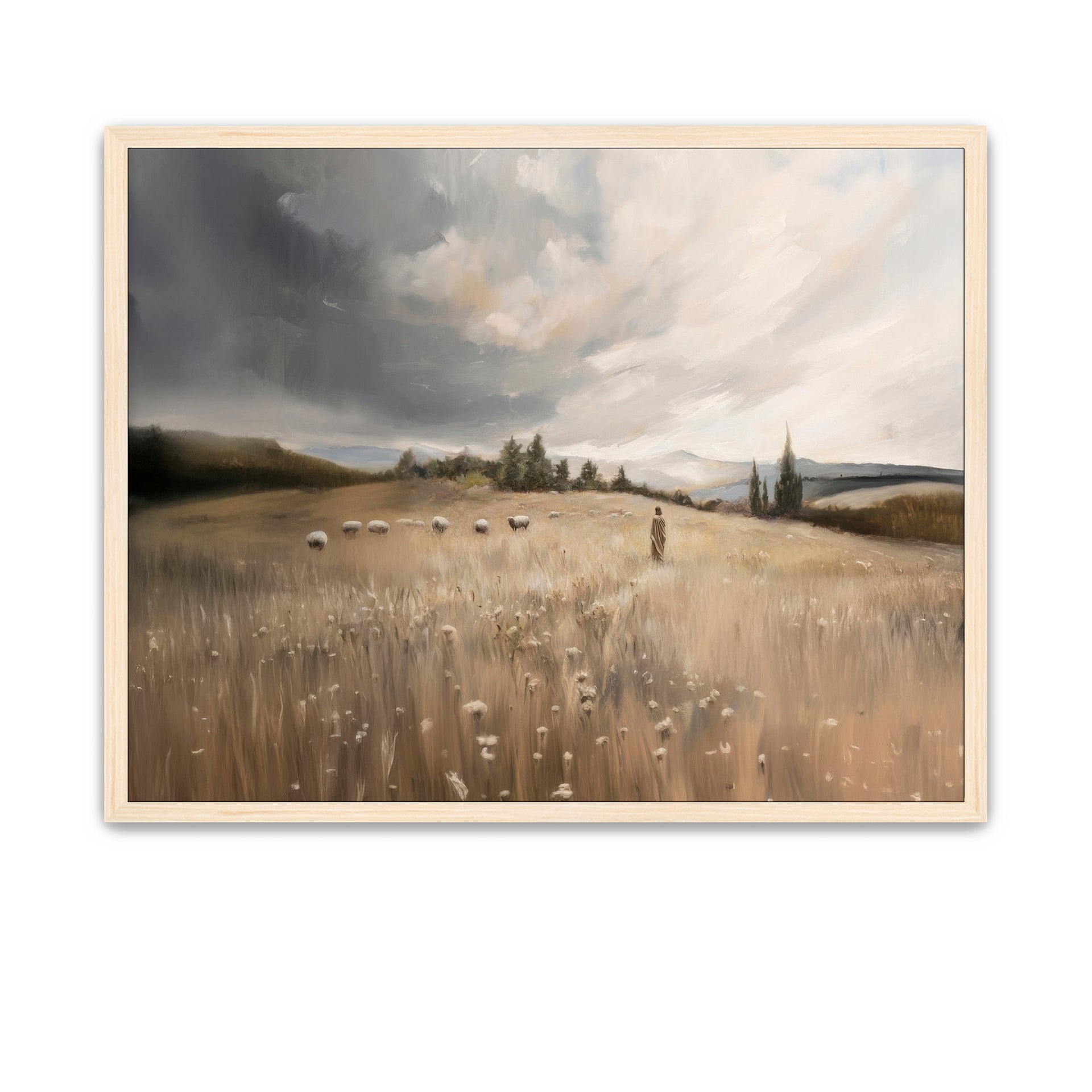 LDS artwork of Jesus in a dry meadow watching over sheep