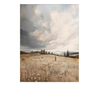 Christ with sheep in a rustic field of dried grass