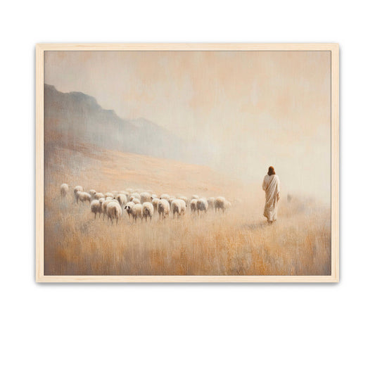 Neutral-toned painting of Jesus with sheep in a calm landscape