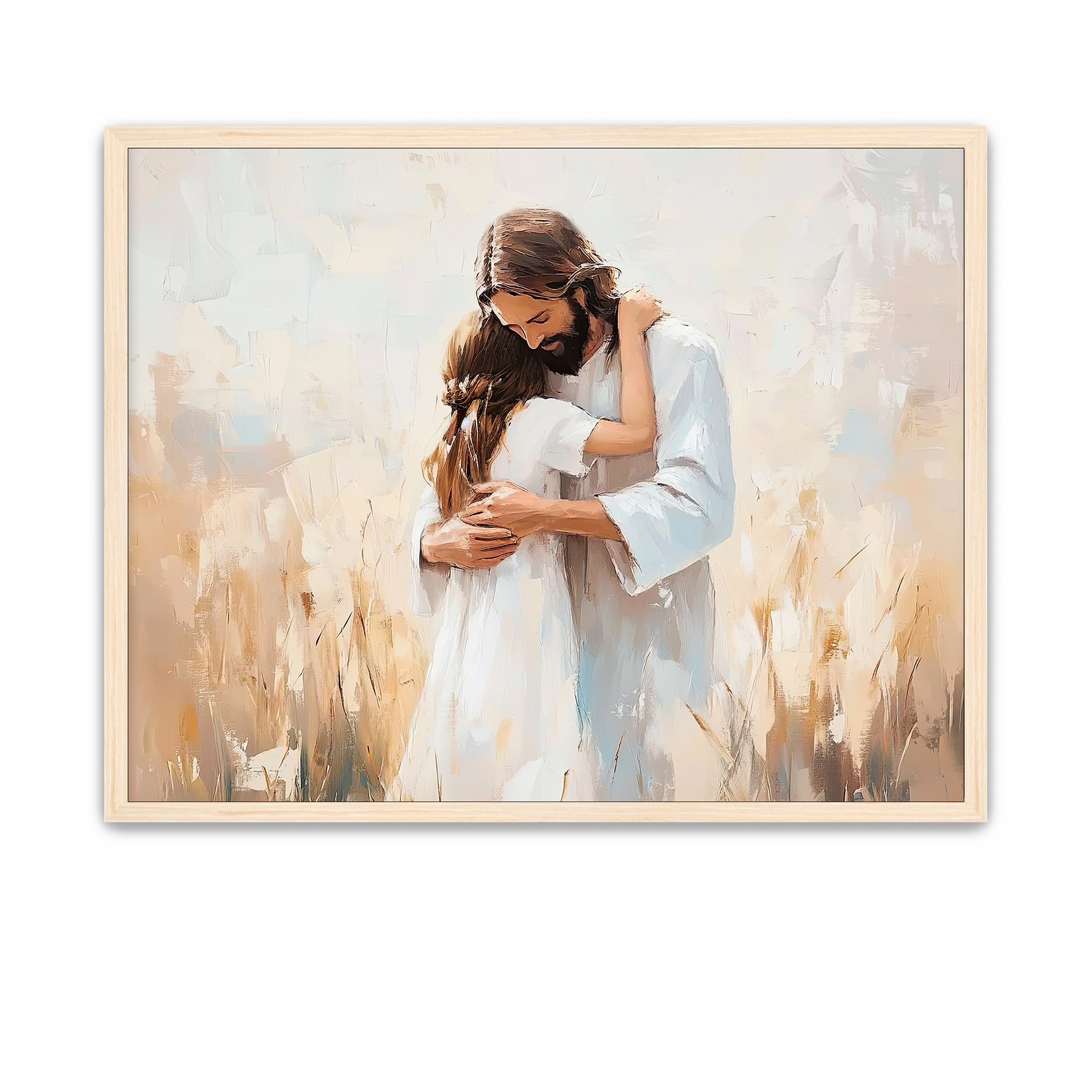 The Savior comforting a child with brown hair in His arms