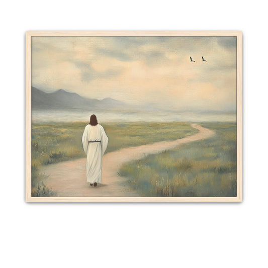 Spiritual painting of Jesus walking a quiet path