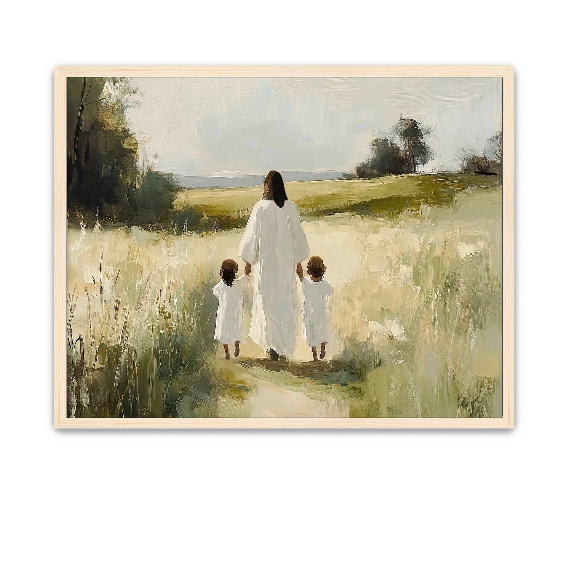 Christ gently walking with two children through a field