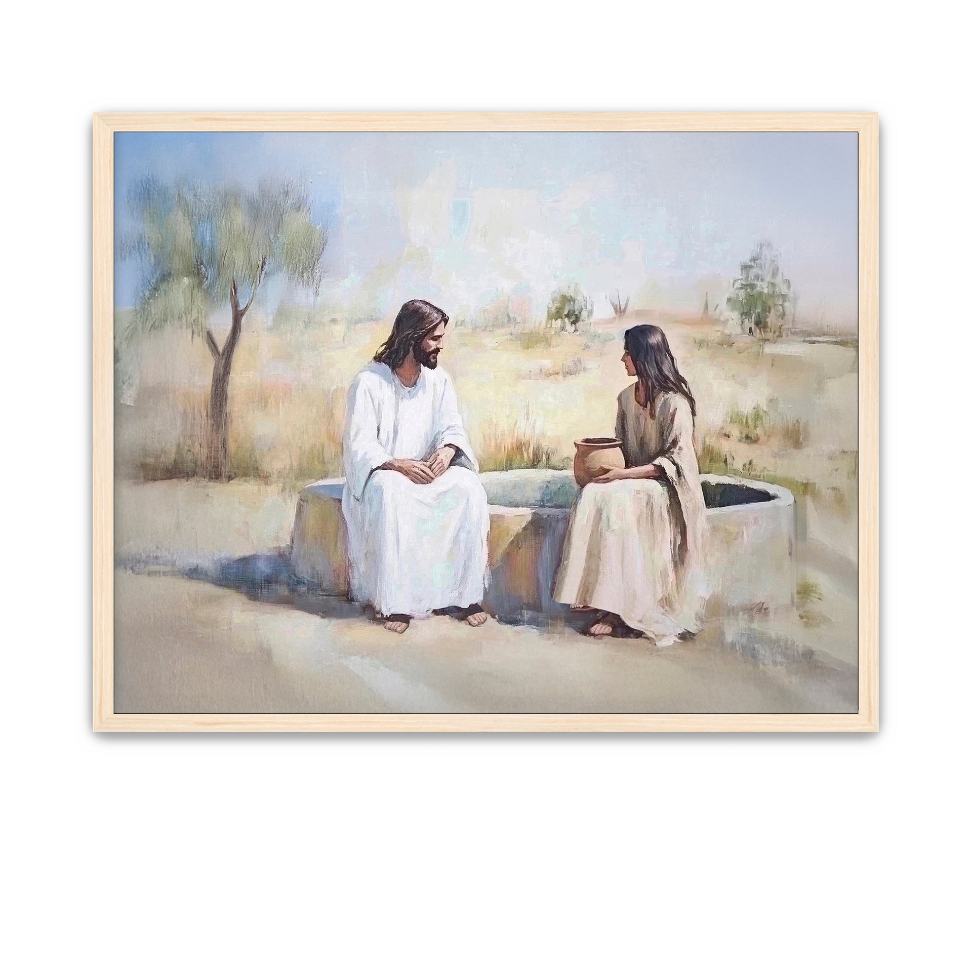 Christ gently teaching the woman at the well with compassion