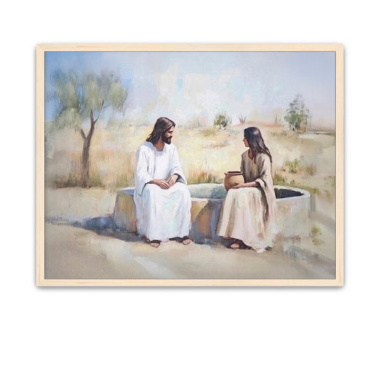 Christ gently teaching the woman at the well with compassion