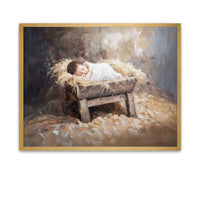 Baby Jesus wrapped in swaddling clothes resting in a humble manger