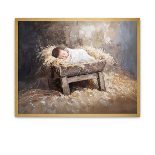 Beautiful depiction of Baby Jesus in a rustic manger surrounded by warmth and love