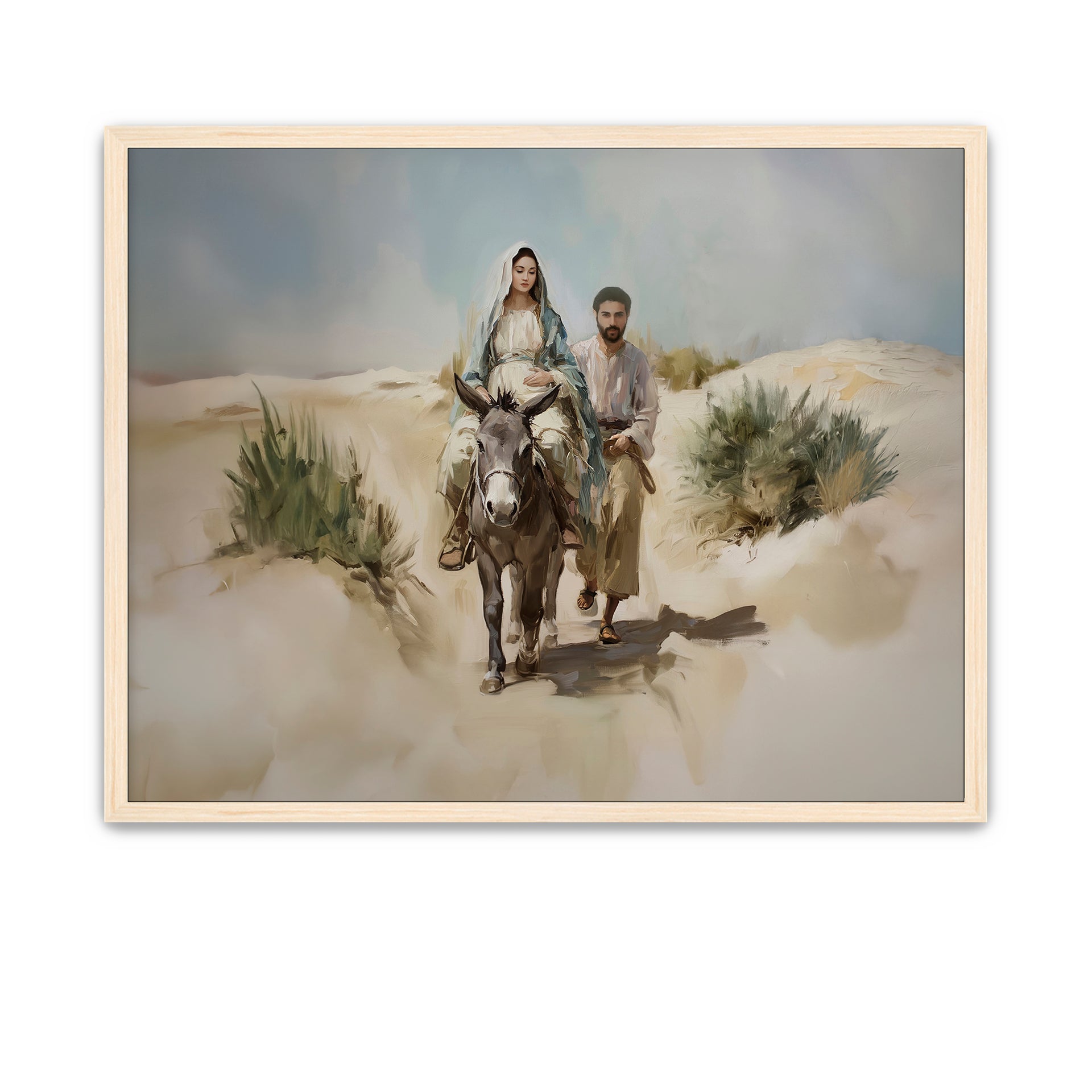 Peaceful artwork of Mary and Joseph on the road to Bethlehem in obedience to God