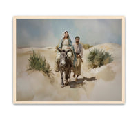 Peaceful artwork of Mary and Joseph on the road to Bethlehem in obedience to God