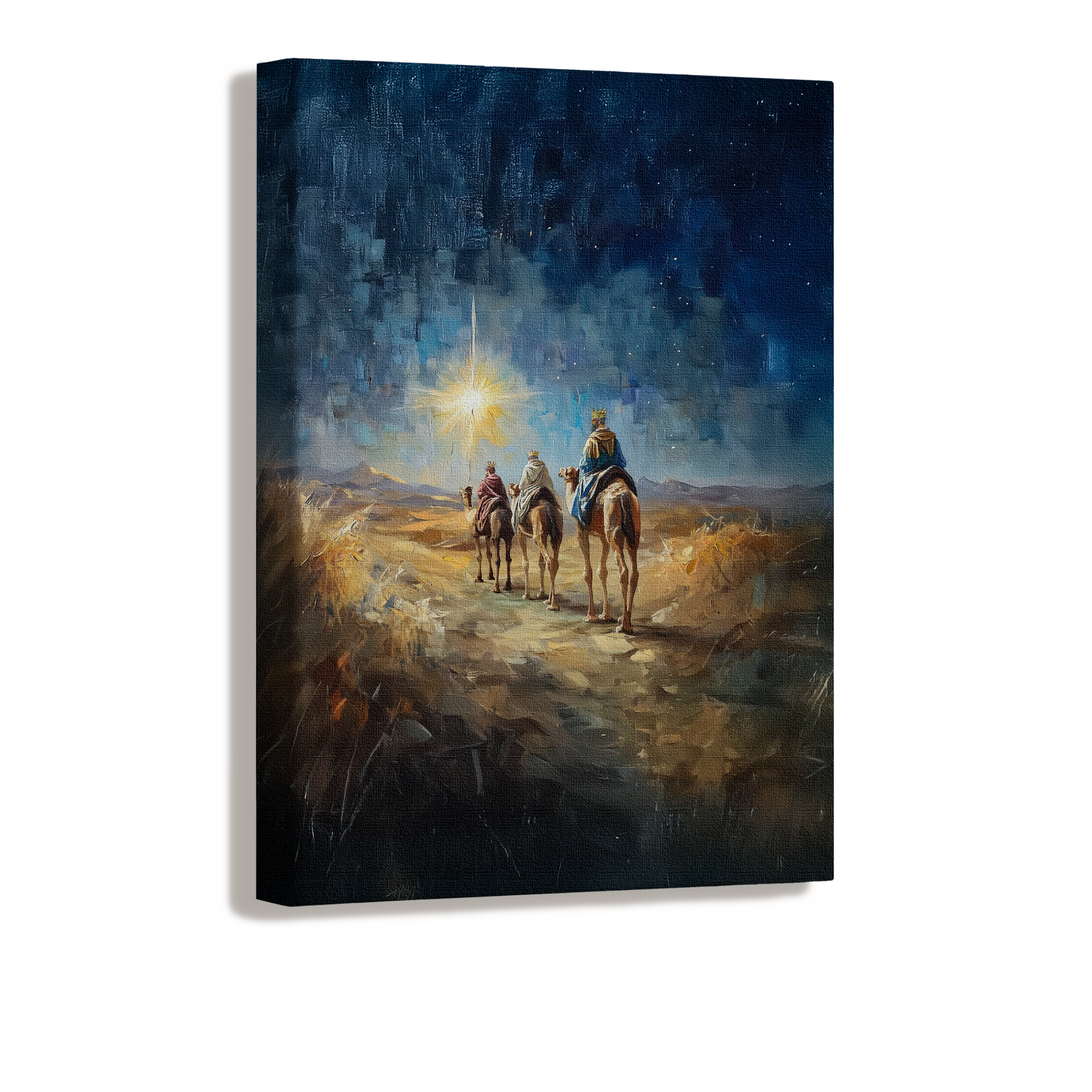 Biblical art showing the Magi traveling with treasures for the newborn King