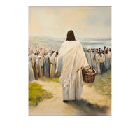 Christian art showing Jesus offering food to the crowd with miraculous supply