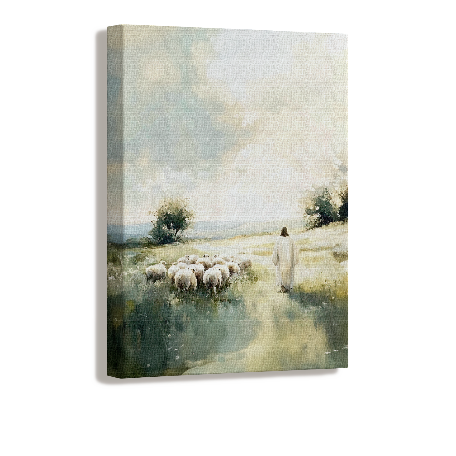 LDS artwork of Jesus in a green field guiding His sheep