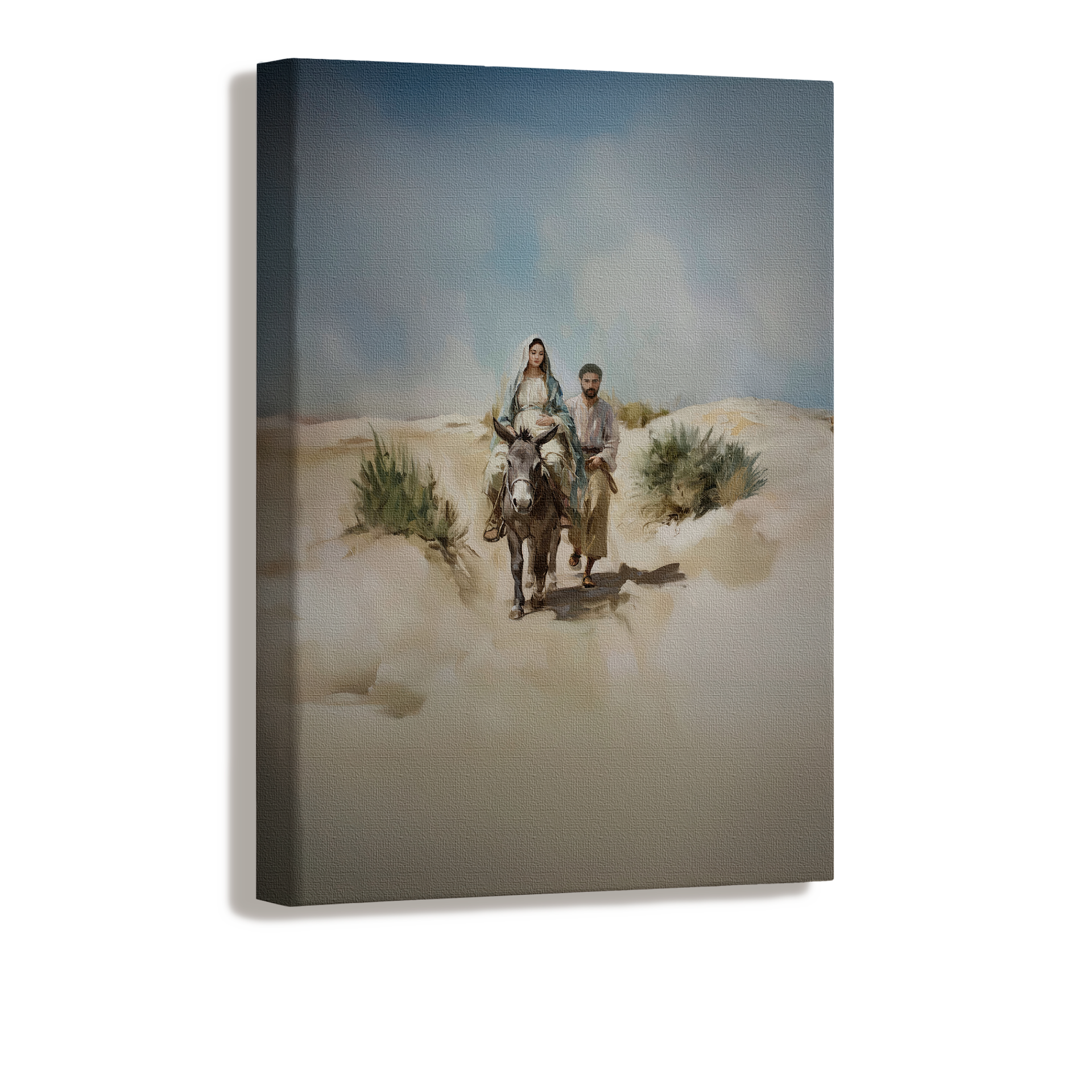 Mary and Joseph nearing the city, weary but faithful in fulfilling prophecy