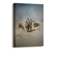 Mary and Joseph nearing the city, weary but faithful in fulfilling prophecy