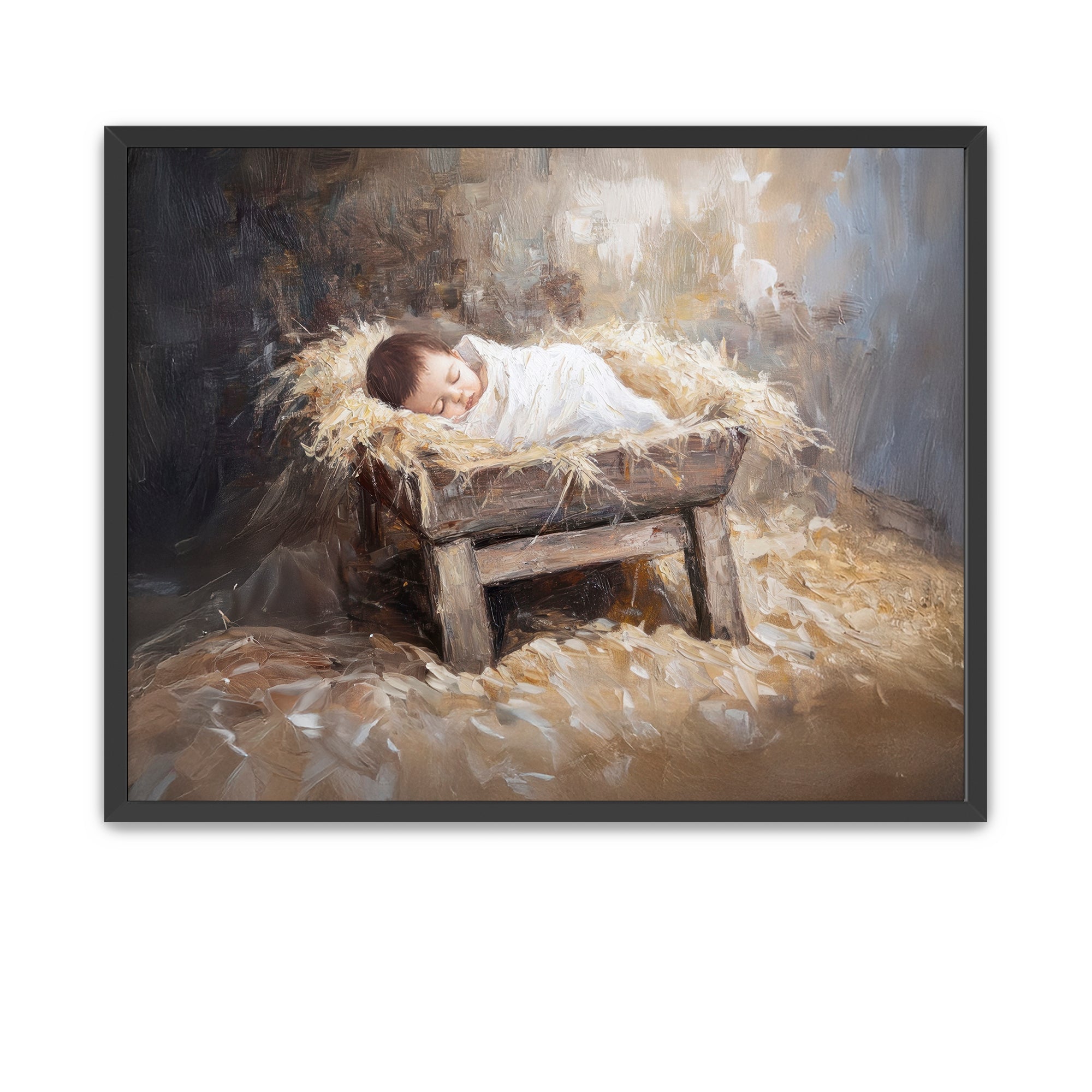 Beautiful depiction of Baby Jesus in a rustic manger surrounded by warmth and love