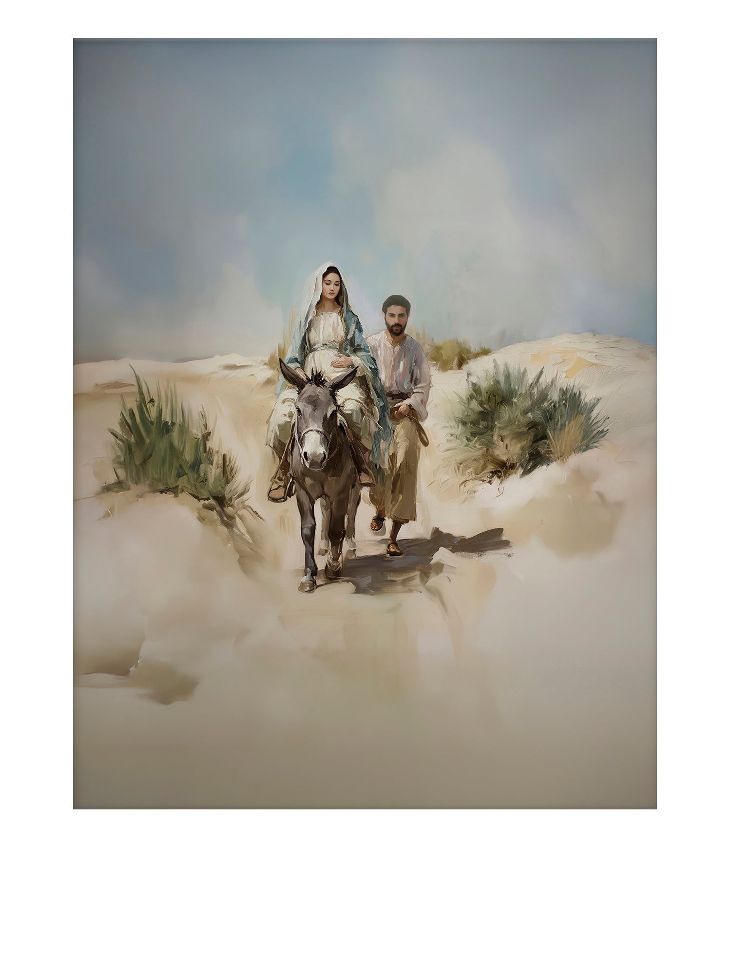 Nativity-themed art showing Mary and Joseph approaching the city of Bethlehem