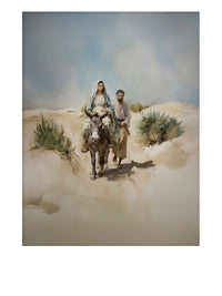 Nativity-themed art showing Mary and Joseph approaching the city of Bethlehem