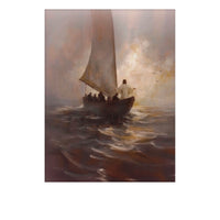 Inspirational Christian art of Jesus standing calmly in a boat during a storm
