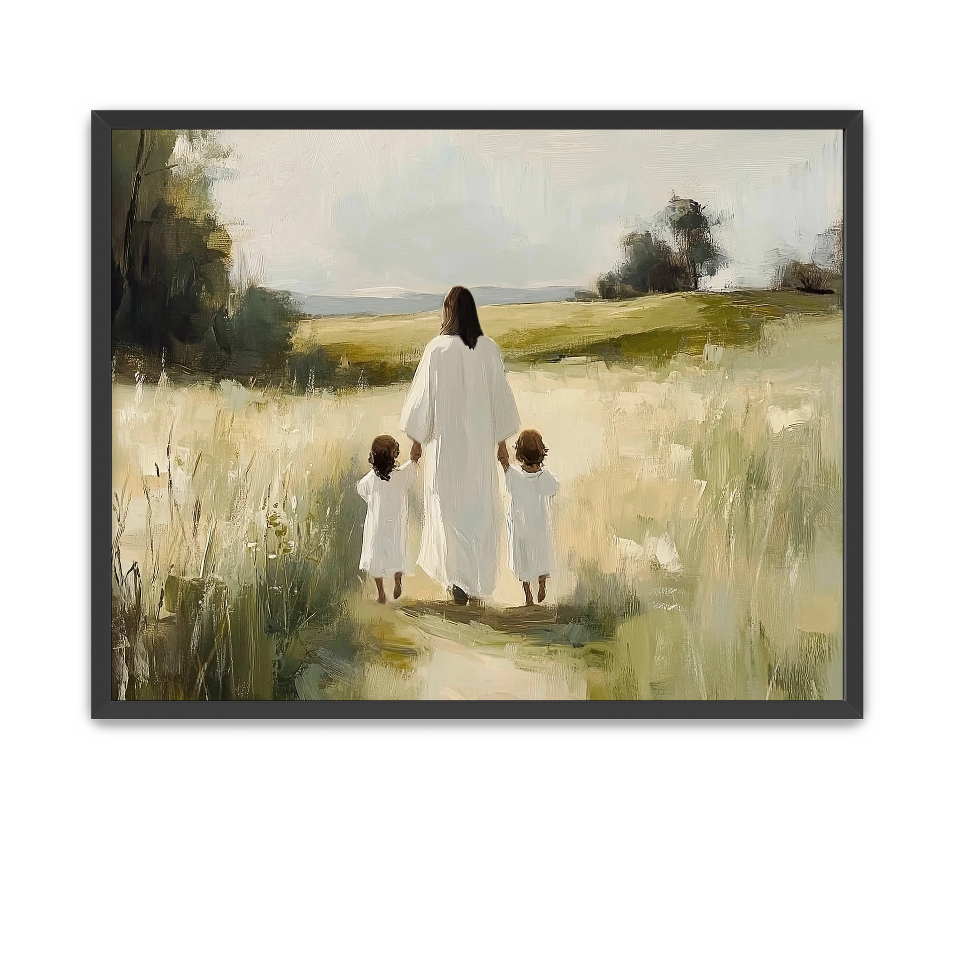 Jesus leading two children by the hand in a quiet landscape