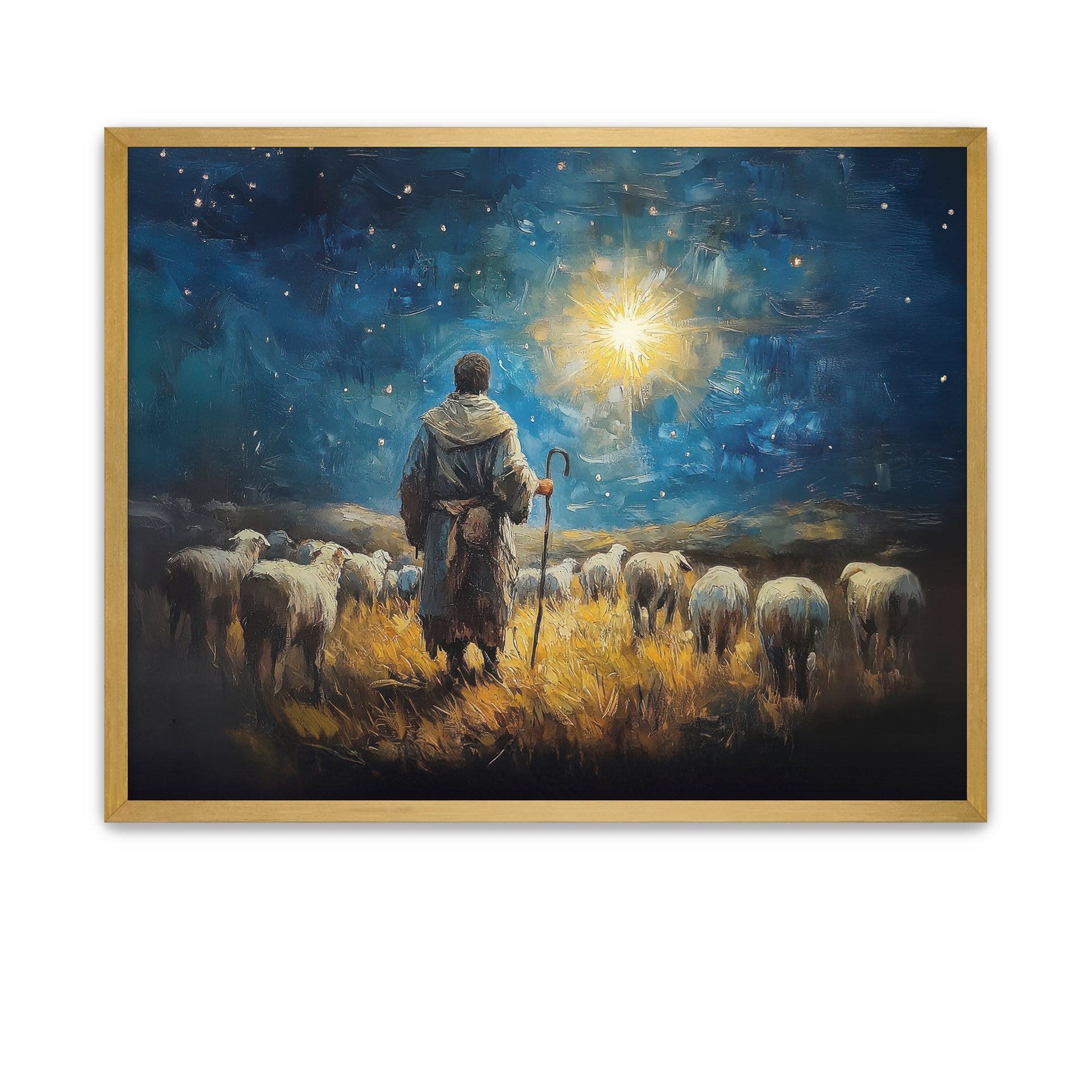 Shepherds traveling under starlight to visit the Christ child in the manger