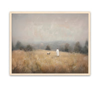 Gentle image of Jesus finding a sheep in a soft-toned field