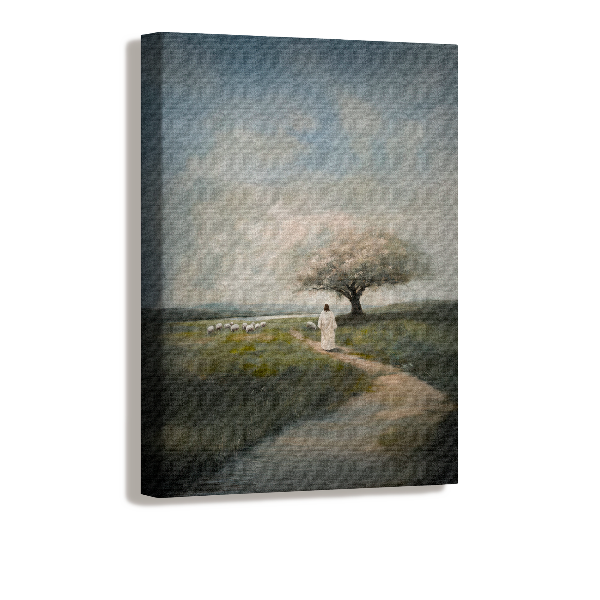 The Good Shepherd guarding His flock in peaceful countryside