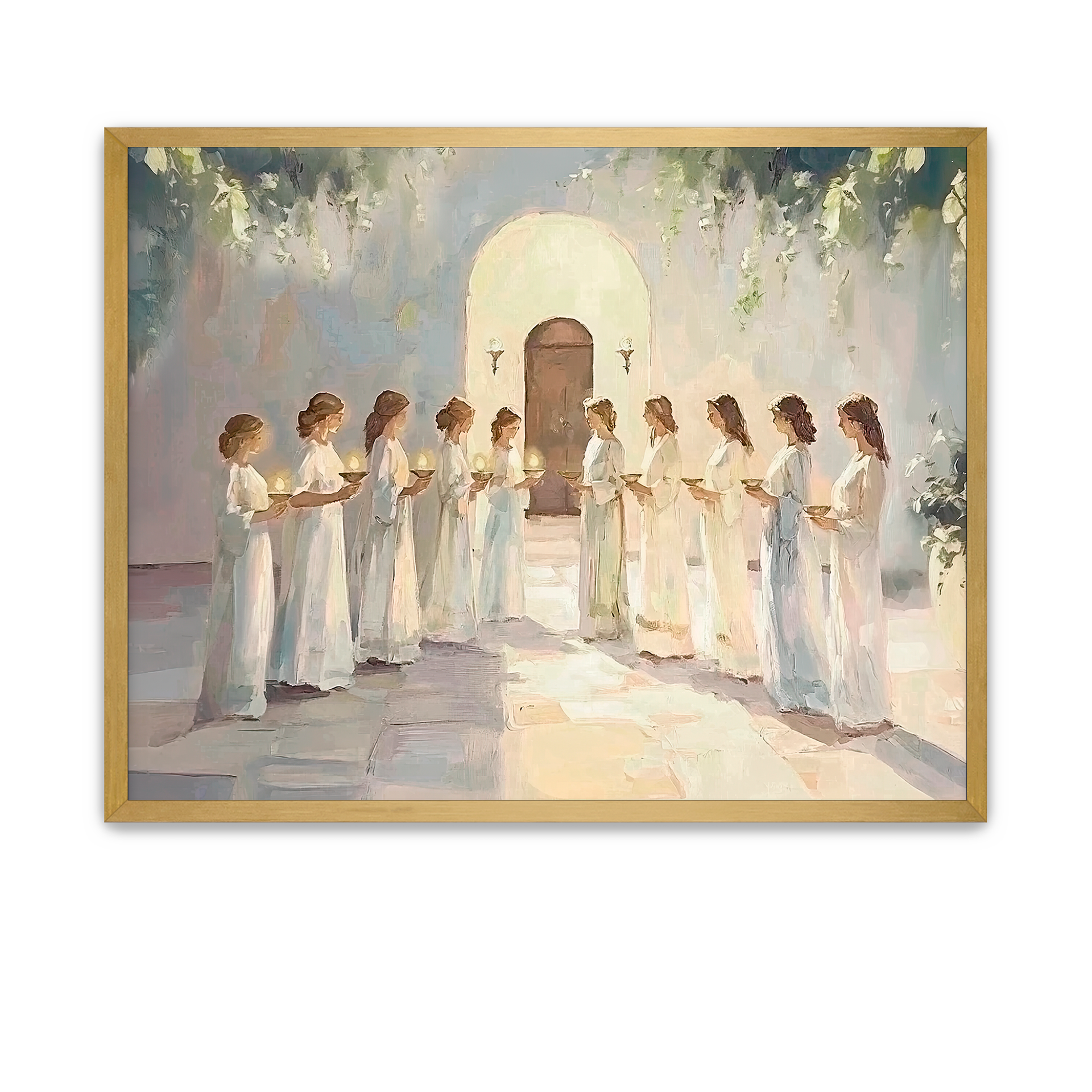 Christian art of five wise and five foolish virgins holding lamps