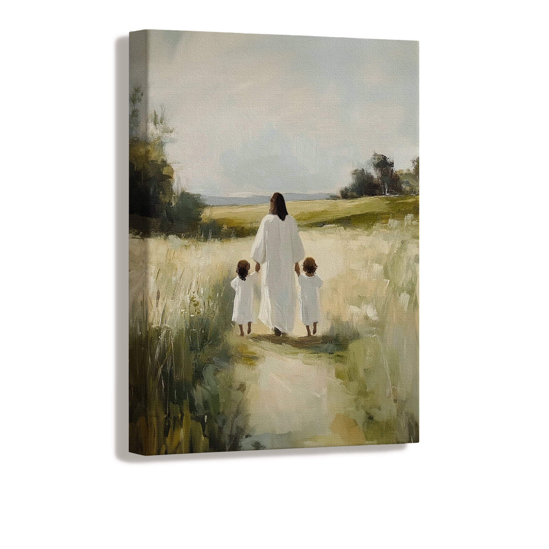 Spiritual painting of Christ walking with two young children