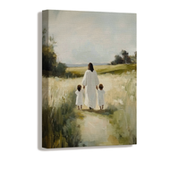 Spiritual painting of Christ walking with two young children