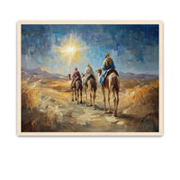 The Three Kings traveling with gold, frankincense, and myrrh to find Christ