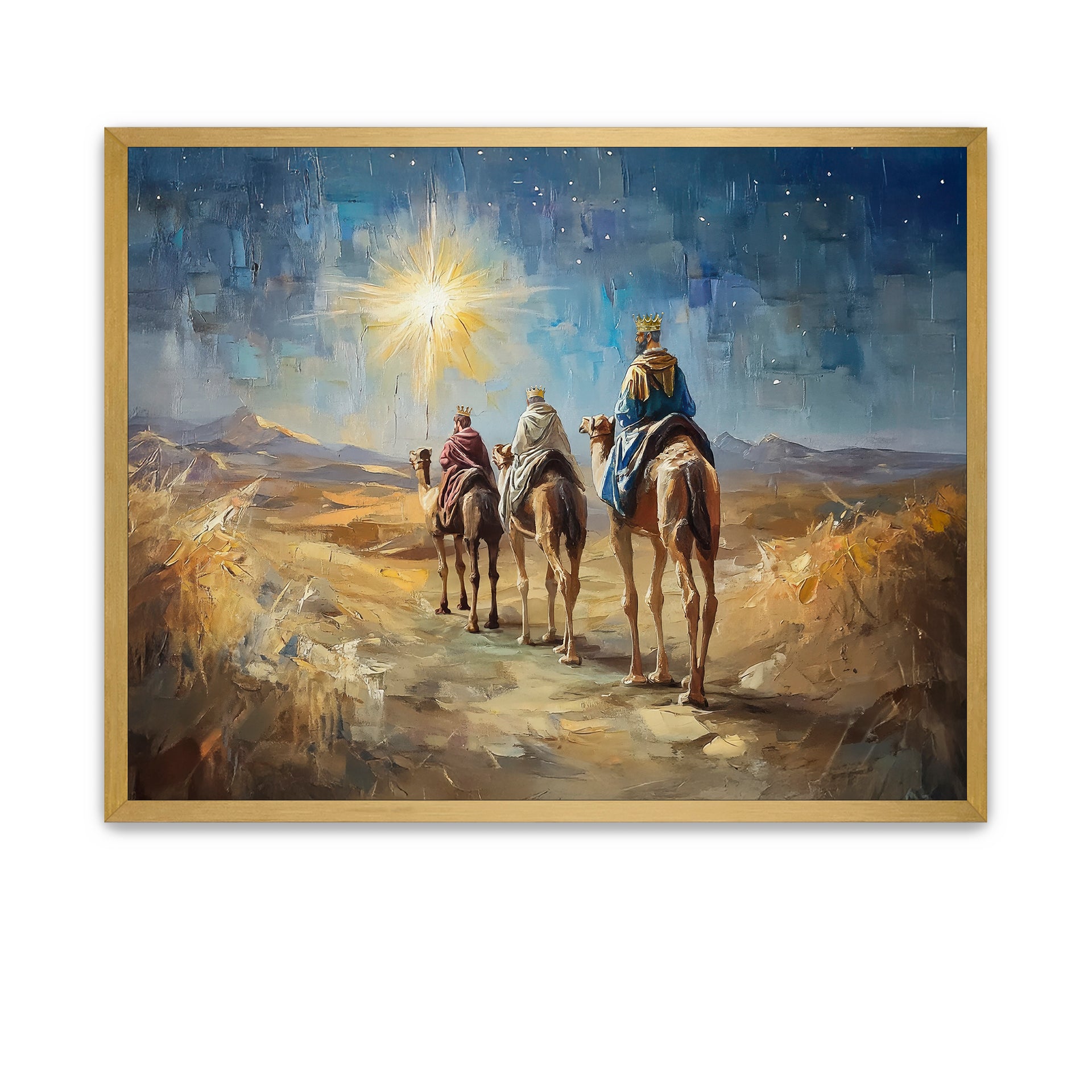 Christian artwork showing the Three Wise Men walking with gifts under a glowing sky